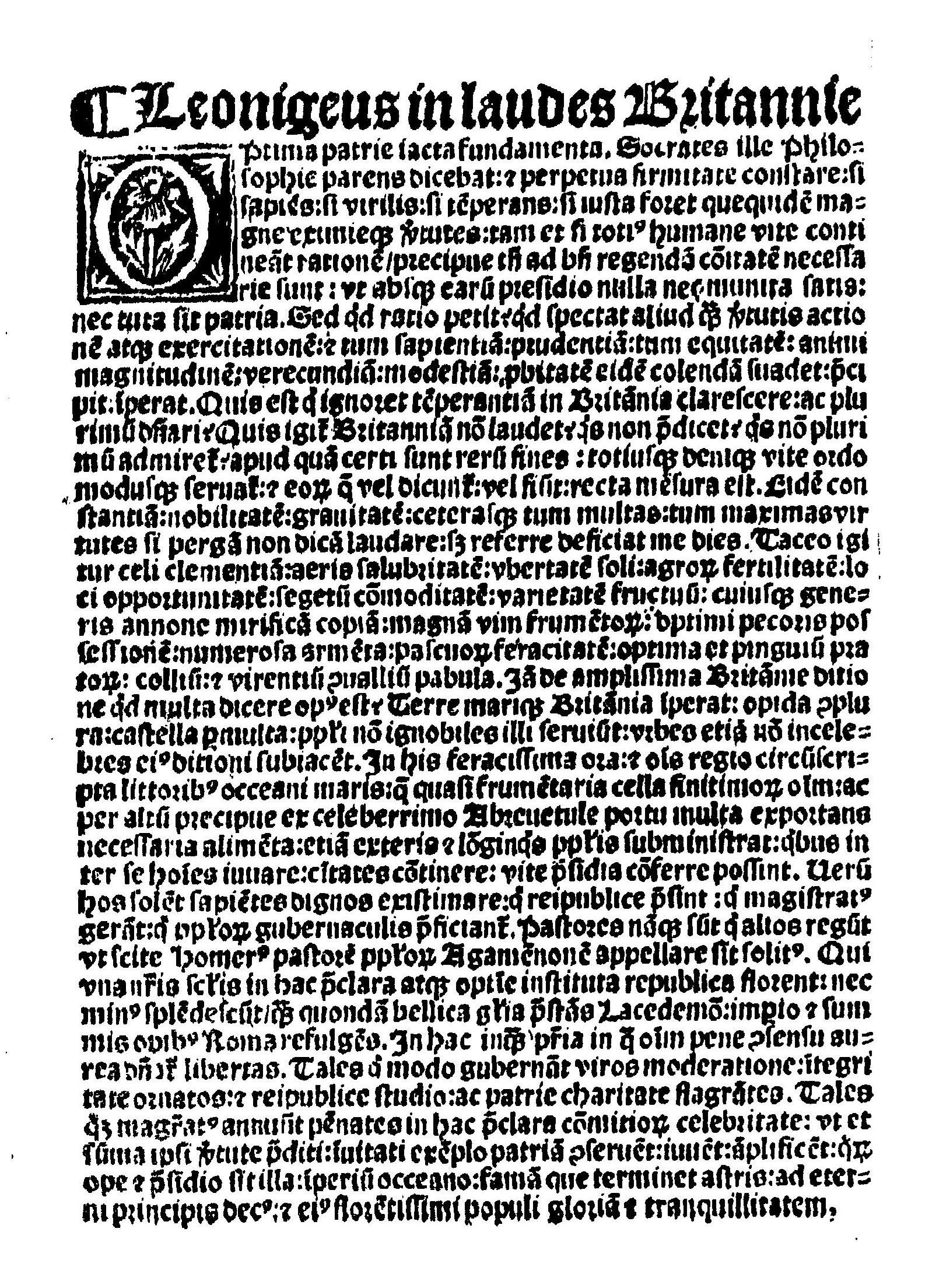 Page imprimée de l'éloge de la Bretagne par un Léonard au début de l'édition du Catholicon de 1521 par Yvon Quillévéré